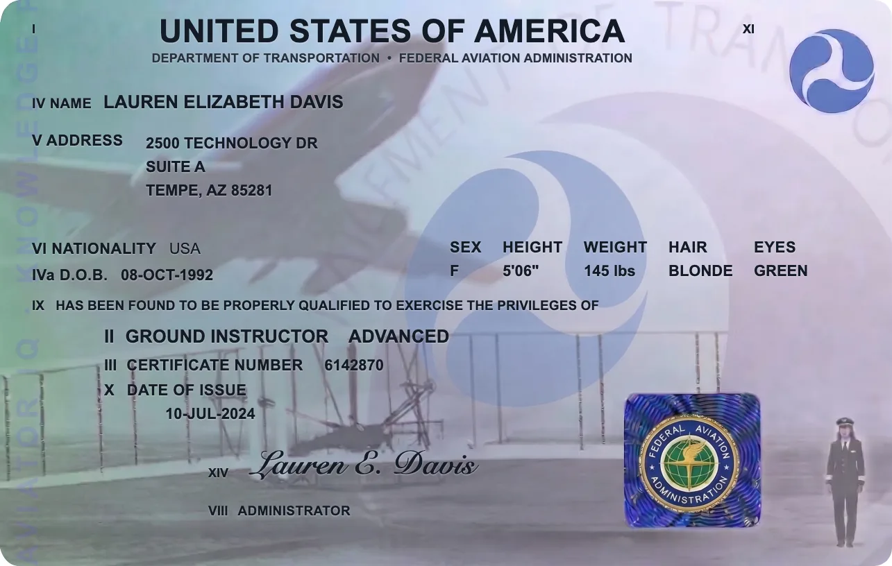 Sample FAA Advanced Ground Instructor certificate, a knowledge-prep study visual