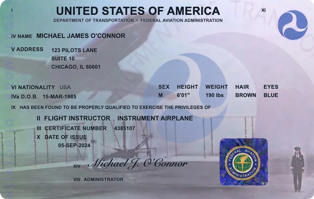Sample FAA Flight Instructor Instrument certificate, a knowledge-prep study visual
