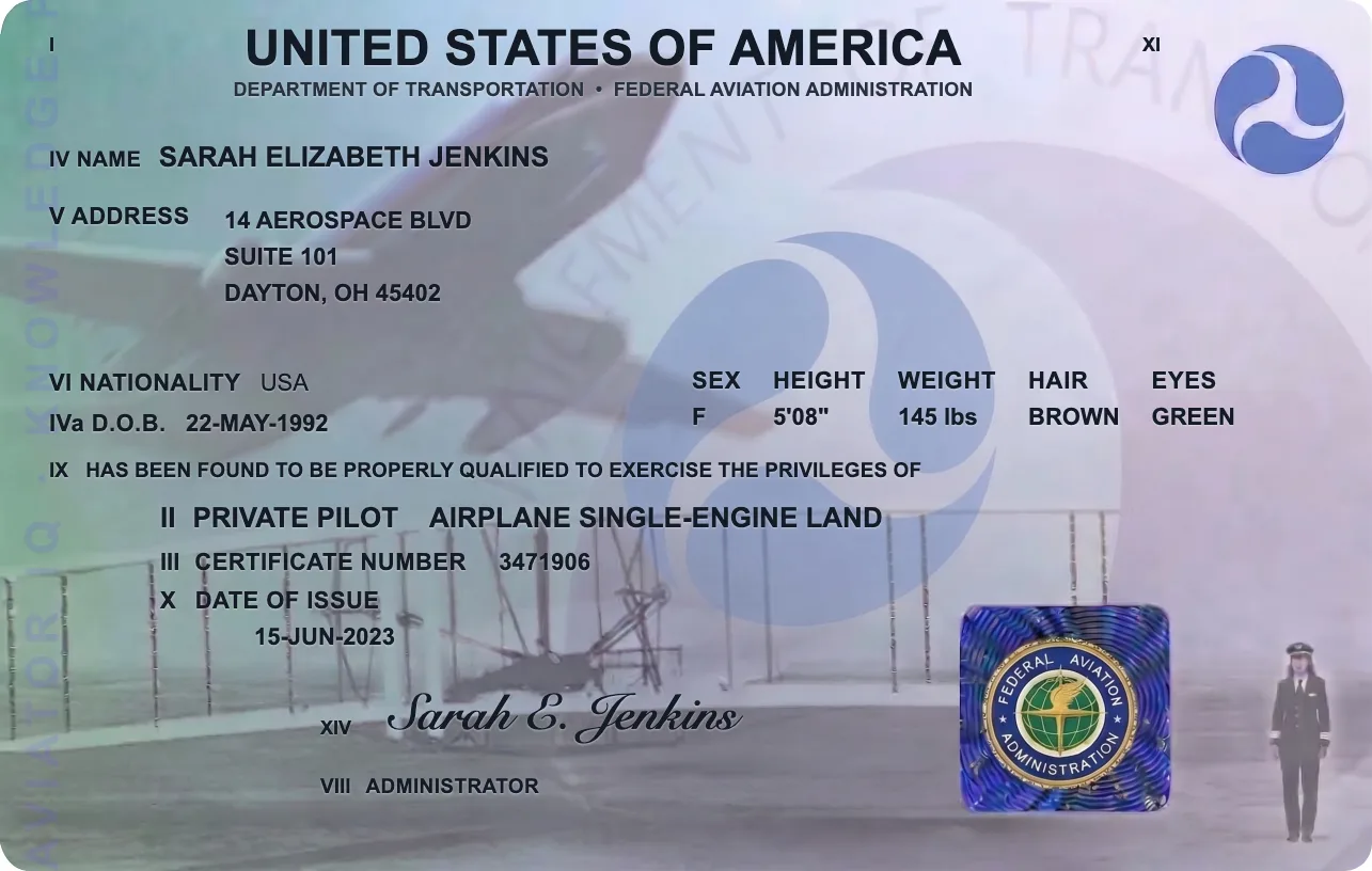 Sample FAA Private Pilot certificate, a knowledge-prep study visual
