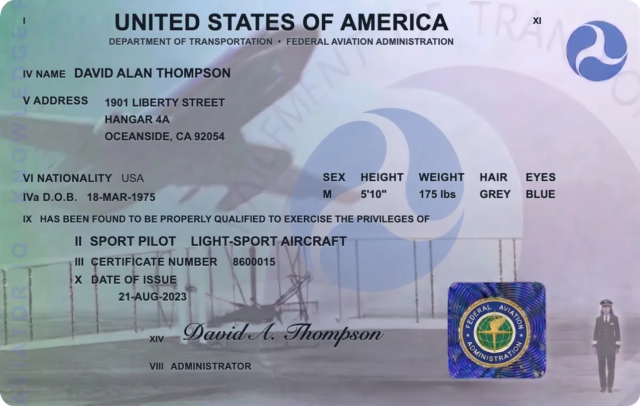 Sample FAA Sport Pilot certificate, a knowledge-prep study visual