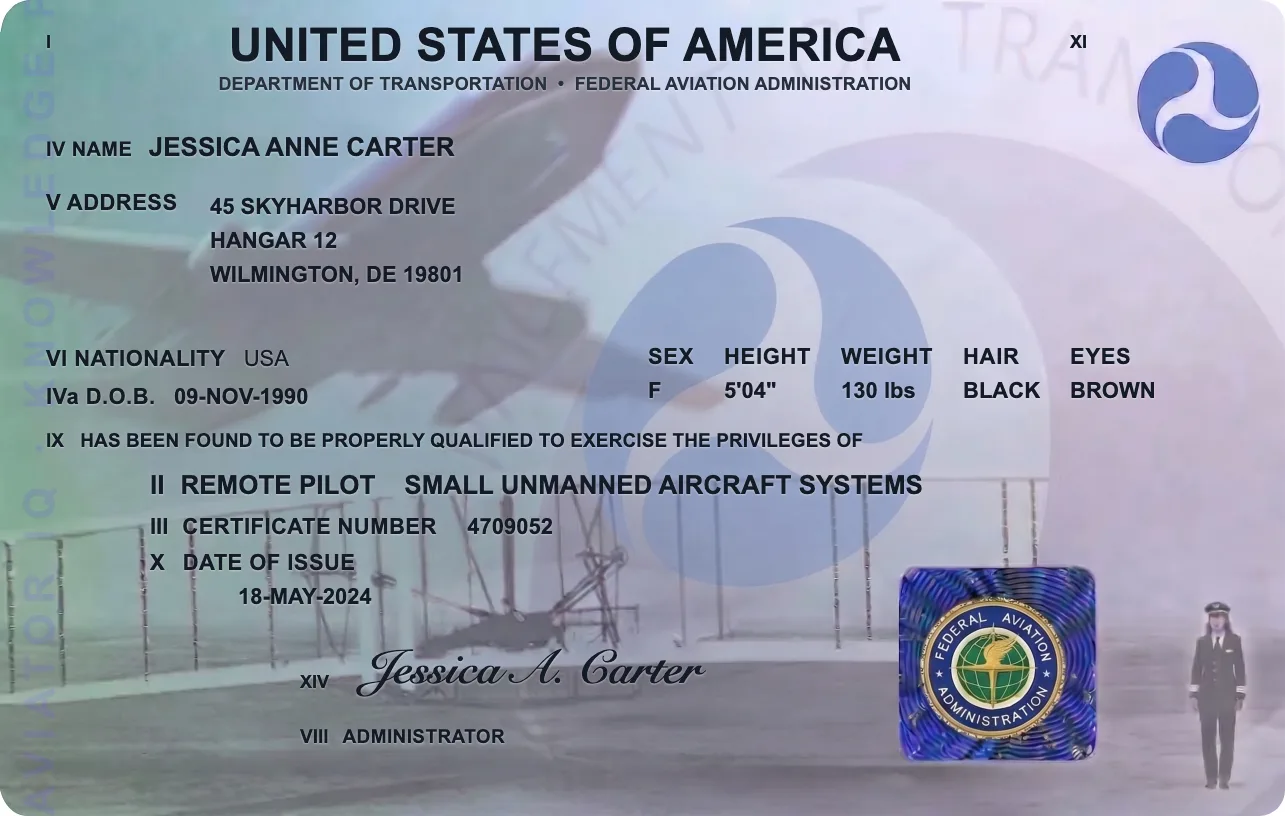 Sample FAA Remote Pilot (Part 107) certificate, a knowledge-prep study visual