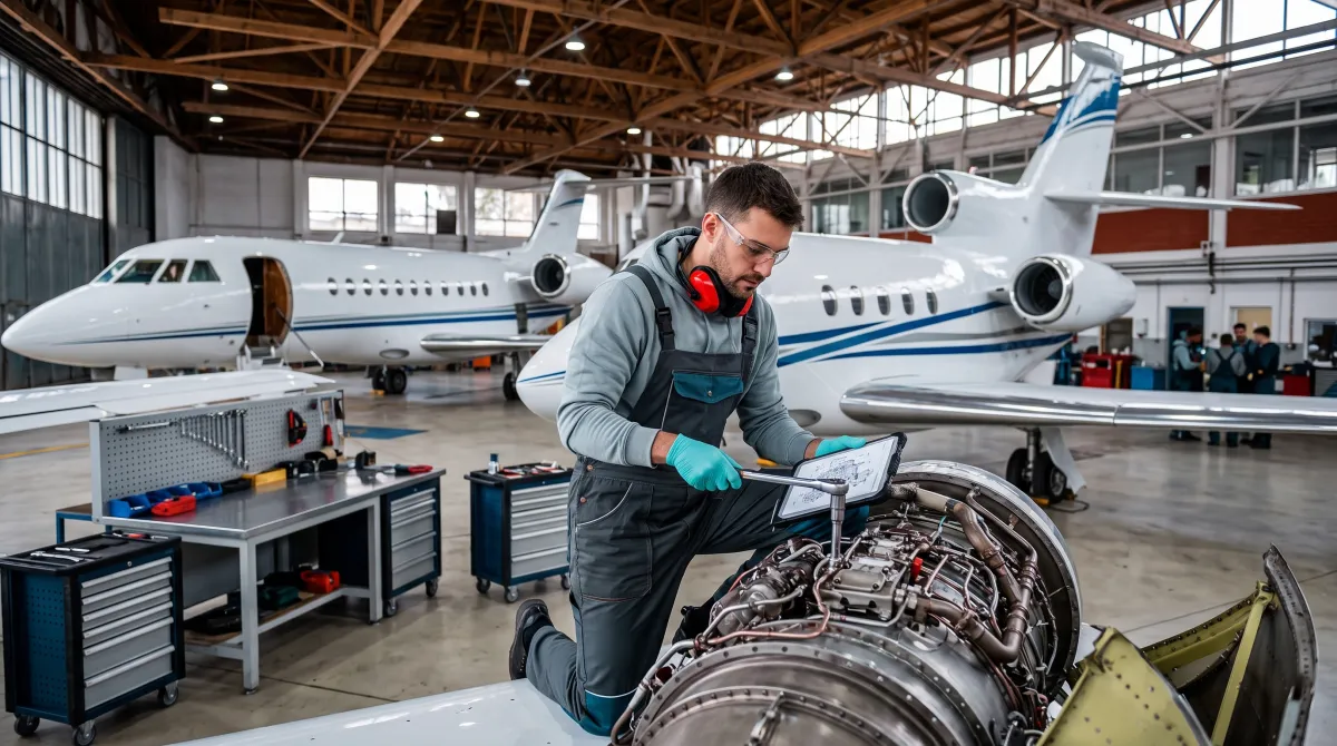 An aviation maintenance technician working on an aircraft airframe