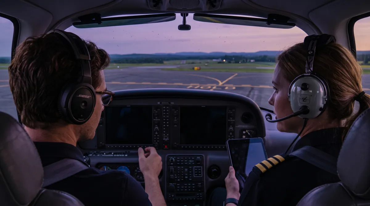 A certificated flight instructor in the right seat of a training airplane