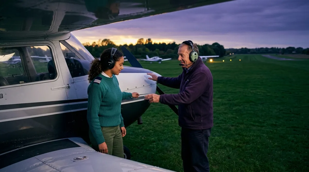 A flight instructor briefing a student before a lesson