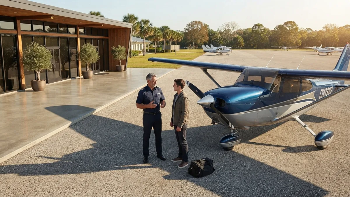 A flight instructor and student pilot talking beside a Cessna on the ramp