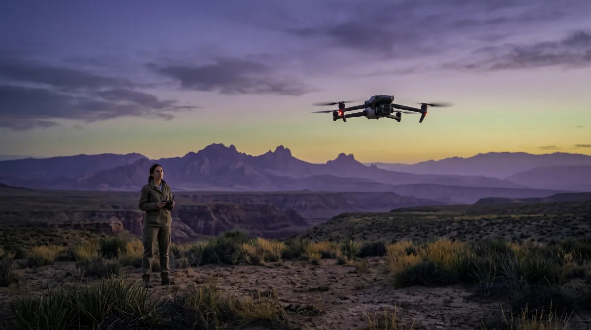 A commercial drone in flight against a clear sky