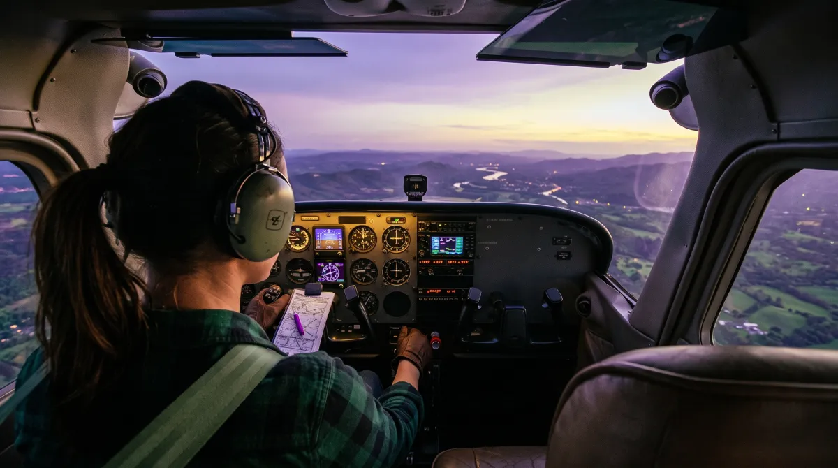 A private pilot at the controls of a single-engine airplane
