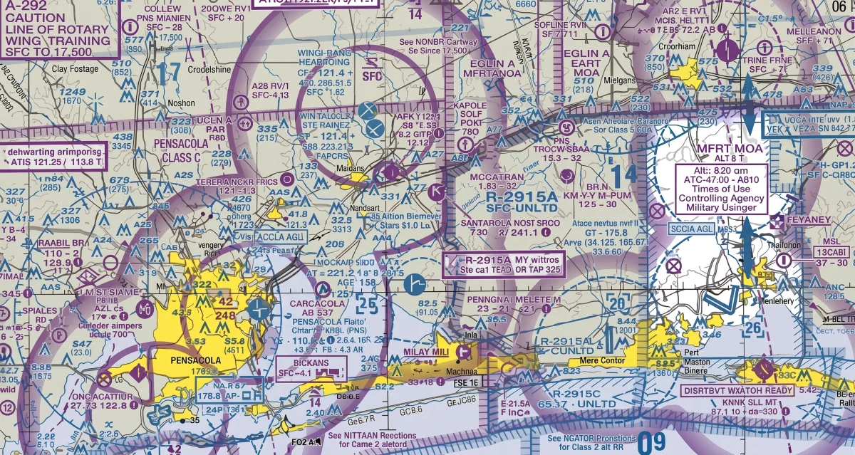 An FAA aeronautical chart showing airspace, frequencies, and terrain