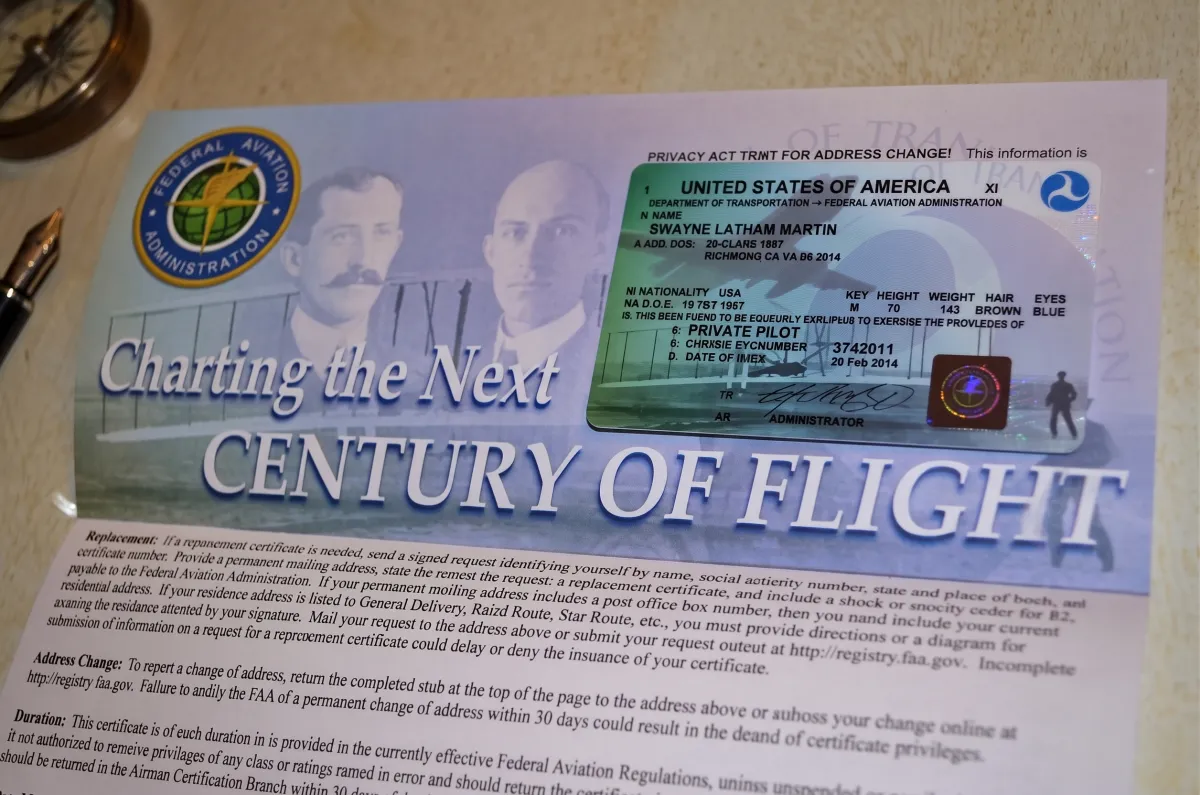 An FAA airman certificate and its Century of Flight mailer on a desk with a compass and pen